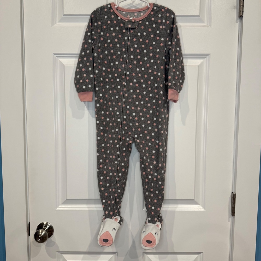 Carters Gray Pink White Polka Dot Fleece Footie‎ Pajamas Sleepsuit Kids Size 3T